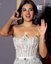 Hot Nidhhi Agerwal in a White Sequined Corset Gown with a High Thigh Slit Pictures 03