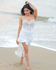 Hot Sakshi Agarwal in a White Sleeveless Lace Maxi Dress Pictures 03