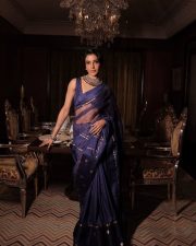 Hot Samantha Navel in a Navy Blue and Gold Saree with a Sleeveless Blouse Photos 04