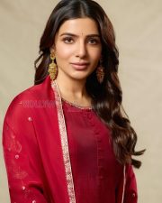 Iconic Actress Samantha Ruth Prabhu in a Red Salwar Kameez Photos 02