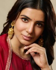 Iconic Actress Samantha Ruth Prabhu in a Red Salwar Kameez Photos 04