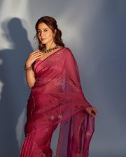 Impressive Raashi Khanna in a Red Saree with Sleeveless Blouse Photos 01