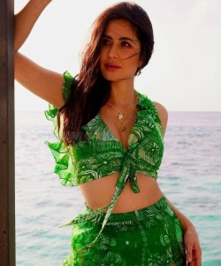 Indian Actress Katrina Kaif in Green Low Cut Top Photos 02