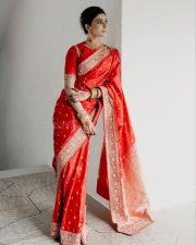 Indian Actress Samantha Ruth Prabhu in a Traditional Red Banarasi Silk Saree Pictures 02