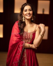 Indian Beauty Raashii Khanna in a Red Chanderi Silk Embroidery Anarkali Gharara Set Photos 03