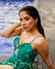 Irresistible Actress Sakshi Agarwal in a Green Printed Cutout Maxi Dress Photos 07