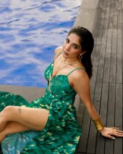Irresistible Actress Sakshi Agarwal in a Green Printed Cutout Maxi Dress Photos 08