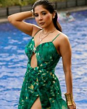 Irresistible Actress Sakshi Agarwal in a Green Printed Cutout Maxi Dress Photos 09