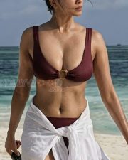 Irresistible Malavika Mohanan Cleavage in a Maroon Bikini Top Photos 01