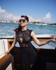 Jacqueline Fernandez in a Black Lace Corset Dress for Venice Film Festival Photos 01