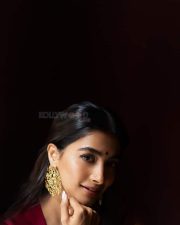 Jana Nayagan Heroine Pooja Hegde in a Classic Ivory and Gold Silk Saree with a Deep Red Blouse Pictures 02