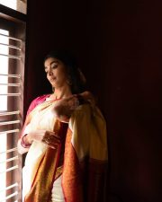 Jana Nayagan Heroine Pooja Hegde in a Classic Ivory and Gold Silk Saree with a Deep Red Blouse Pictures 03