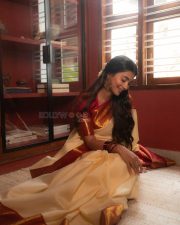 Jana Nayagan Heroine Pooja Hegde in a Classic Ivory and Gold Silk Saree with a Deep Red Blouse Pictures 05
