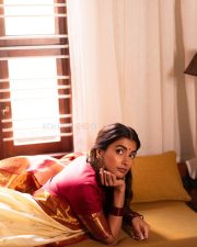 Jana Nayagan Heroine Pooja Hegde in a Classic Ivory and Gold Silk Saree with a Deep Red Blouse Pictures 06