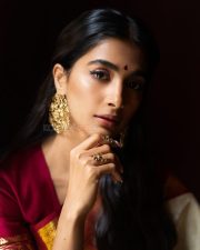 Jana Nayagan Heroine Pooja Hegde in a Classic Ivory and Gold Silk Saree with a Deep Red Blouse Pictures 07