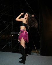 Kanchana 4 Actress Nora Fatehi in a Bold Black Leather Bralette and Sparkling Hot Pink Sequin Mini Skirt Photos 03