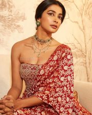 Kanchana 4 Actress Pooja Hegde in a Red and Gold Brocade Saree with a Matching Embroidered Corset Style Blouse Photos 07