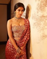 Kanchana 4 Actress Pooja Hegde in a Red and Gold Brocade Saree with a Matching Embroidered Corset Style Blouse Photos 08
