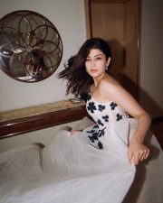 Kannada Beauty Pranitha Subhash in a White Strapless Floral Dress Pictures 03