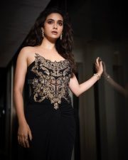 Kannivedi Actress Keerthy Suresh in a Black Strapless Gown with a Corset Bodice and Black Flowy Skirt Photos 02