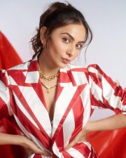 Khiladi 1080 Actress Rakul Preet Singh in a Red and White Striped Blazer with a Striped Crop Top Bandeau and Striped Mini Skirt Photos 01