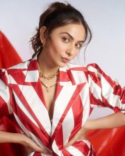Khiladi 1080 Actress Rakul Preet Singh in a Red and White Striped Blazer with a Striped Crop Top Bandeau and Striped Mini Skirt Photos 01