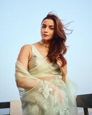 Luminous Actress Alia Bhatt in a Mint Green Floral Organza Saree Photos 02