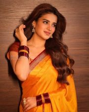 Luminous Actress Nidhhi Agerwal in a Orange Silk Saree With Red Border Photos 03 Luminous Actress Nidhhi Agerwal in a Orange Silk Saree With Red Border Photos 03