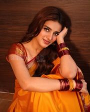 Luminous Actress Nidhhi Agerwal in a Orange Silk Saree With Red Border Photos 05