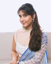 Luminous Actress Raashii Khanna in a White Blue Printed Saree Photos 02 Luminous Actress Raashii Khanna in a White Blue Printed Saree Photos 02