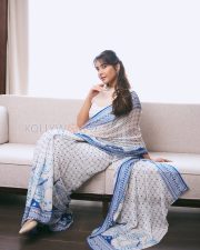 Luminous Actress Raashii Khanna in a White Blue Printed Saree Photos 06 Luminous Actress Raashii Khanna in a White Blue Printed Saree Photos 06