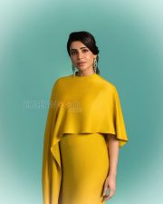 Luminous Actress Samantha Ruth Prabhu in a Mustard Yellow Cape Sleeve High Neck Midi Dress Photos 01