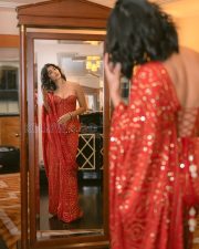 Majestic Actress Pooja Hegde in a Red And Gold Sequin Mirror Work Strapless Saree Photos 01 Majestic Actress Pooja Hegde in a Red And Gold Sequin Mirror Work Strapless Saree Photos 01