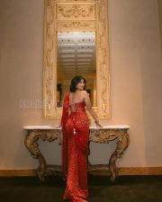 Majestic Actress Pooja Hegde in a Red And Gold Sequin Mirror Work Strapless Saree Photos 06 Majestic Actress Pooja Hegde in a Red And Gold Sequin Mirror Work Strapless Saree Photos 06
