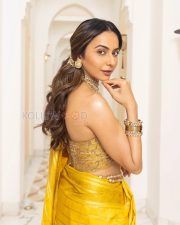 Majestic Actress Rakul Preet Singh in a Golden Embroidered Strapless Blouse with Yellow Silk Dupatta and Kundan Choker Photos 01