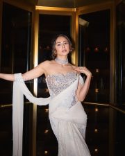 Majestic Actress Rakul Preet Singh in a White Crystal Strapless Saree Photos 02