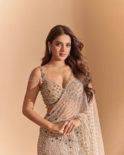Majestic Heroine Nidhhi Agerwal in a Sheer Beige Saree with a Matching Sleeveless Strappy Blouse Photos 01