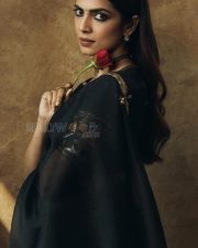 Majestic Malavika Mohanan in a Black Saree with a Gold Border and Matching Blouse with Short Blouse Pictures 04