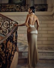 Mesmerizing Actress Esha Gupta in a Champagne Draped Satin Halter Gown Photos 03
