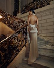 Mesmerizing Actress Esha Gupta in a Champagne Draped Satin Halter Gown Photos 06