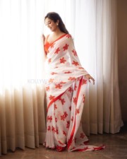 Mesmerizing Beauty Janhvi Kapoor in a White Red Floral Saree with Sleeveless Blouse Photos 05