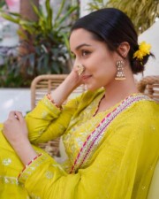 Mesmerizing Shraddha Kapoor in a Lime Green Anarkali Suit with Nose Ring and Jhumkas Photos 02