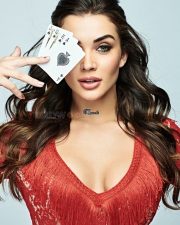 Model Amy Jackson in a Red Lace Bodycon Mini Dress Pictures 01