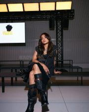 Modern Beauty Rashmika Mandanna in a Black Dress with a Sleeveless Oversized Jacket with a Pleated Skirt Pictures 02