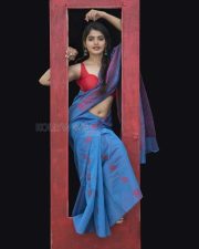 Party Movie Actress Sanchita Shetty Blue Saree Photoshoot Stills