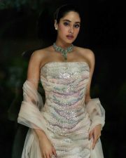 Peddi Actress Janhvi Kapoor Strapless Shimmering Floor Length Gown with a Sheer Ivory Dupatta Photos 03