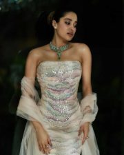 Peddi Actress Janhvi Kapoor Strapless Shimmering Floor Length Gown with a Sheer Ivory Dupatta Photos 04