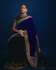 Peddi Actress Janhvi Kapoor in a Royal Blue Pashmina Saree with a Black Velvet Blouse Pictures 04