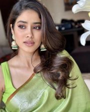 Peddi Heroine Janhvi Kapoor in a Lush Lime Green Silk Saree with a Matching Sleeveless Blouse Pictures 01