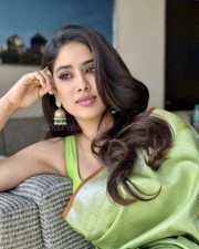Peddi Heroine Janhvi Kapoor in a Lush Lime Green Silk Saree with a Matching Sleeveless Blouse Pictures 02
